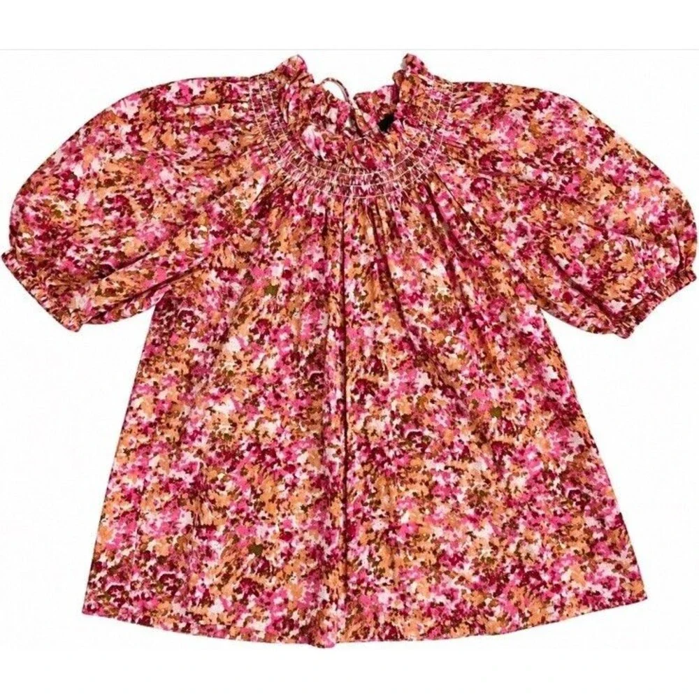 J. Crew Women’s S Pink Floral Blouse Smocked Ruffle Puff Sleeve Cottagecore